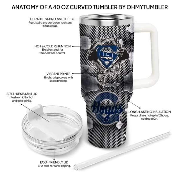 personalized georgetown hoyas superman shield blue gray curved tumbler new arrival.webp