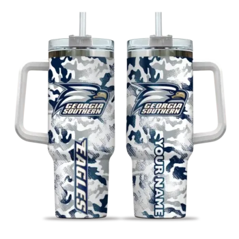 personalized georgia southern eagles camo mashup blue white curved tumbler best selling.webp