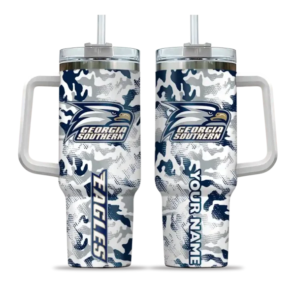 personalized georgia southern eagles camo mashup blue white curved tumbler best selling.webp