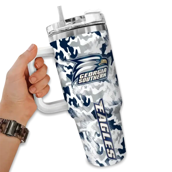 personalized georgia southern eagles camo mashup blue white curved tumbler fashion forward.webp