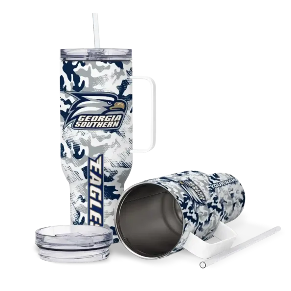 personalized georgia southern eagles camo mashup blue white curved tumbler high quality.webp