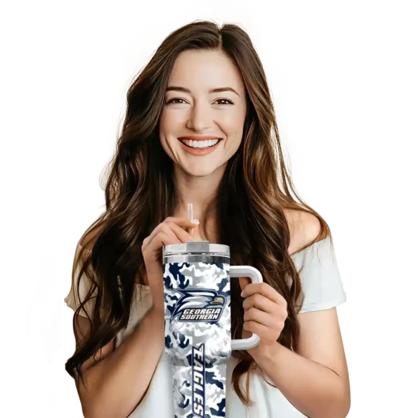 personalized georgia southern eagles camo mashup blue white curved tumbler premium grade.webp