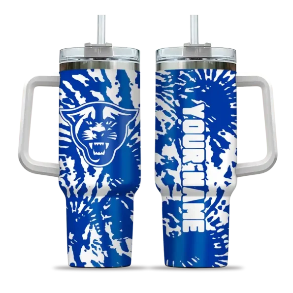 personalized georgia state panthers burst swirl blue curved tumbler best selling.webp