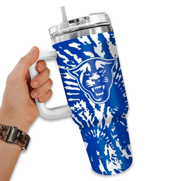 personalized georgia state panthers burst swirl blue curved tumbler fashion forward.webp