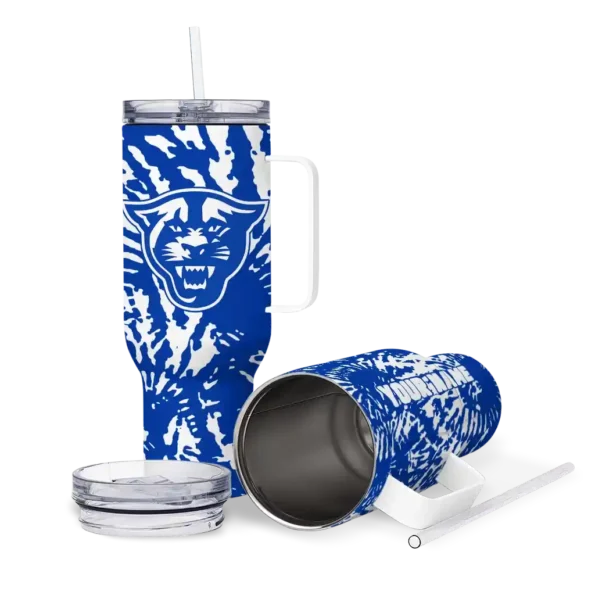 personalized georgia state panthers burst swirl blue curved tumbler high quality.webp
