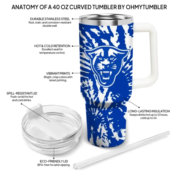 personalized georgia state panthers burst swirl blue curved tumbler new arrival.webp