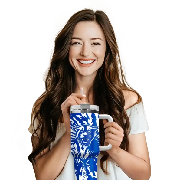 personalized georgia state panthers burst swirl blue curved tumbler premium grade.webp