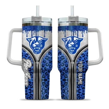 personalized georgia state panthers leopard zipper blue curved tumbler best selling.webp