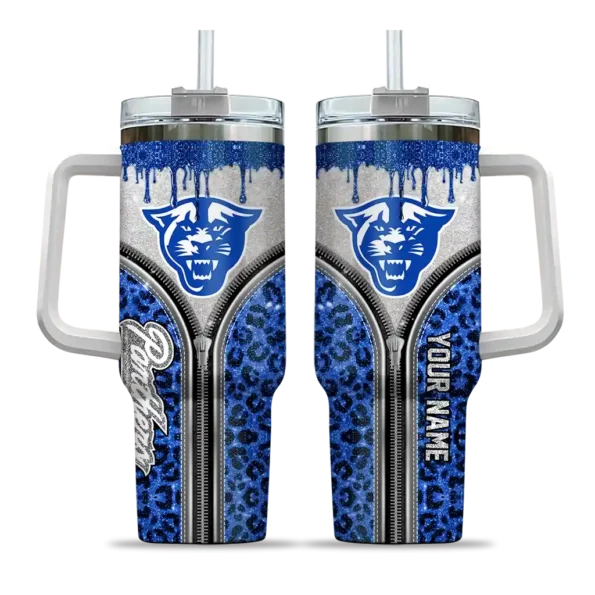personalized georgia state panthers leopard zipper blue curved tumbler best selling.webp