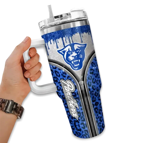 personalized georgia state panthers leopard zipper blue curved tumbler fashion forward.webp