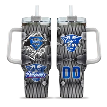 personalized georgia state panthers superman shield blue gray curved tumbler best selling.webp