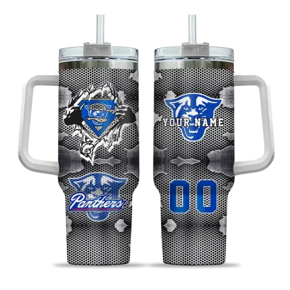 personalized georgia state panthers superman shield blue gray curved tumbler best selling.webp