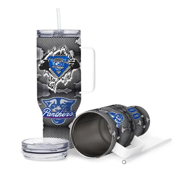 personalized georgia state panthers superman shield blue gray curved tumbler high quality.webp