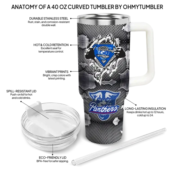 personalized georgia state panthers superman shield blue gray curved tumbler new arrival.webp