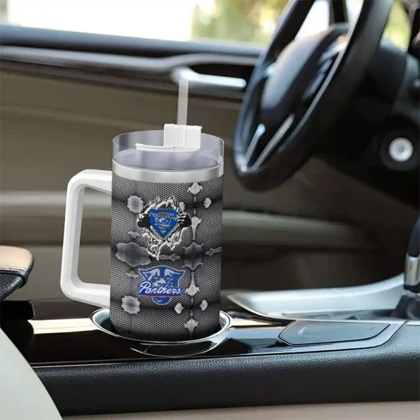 personalized georgia state panthers superman shield blue gray curved tumbler trendy.webp
