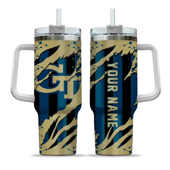 personalized georgia tech yellow jackets claw cut gold black curved tumbler best selling.webp