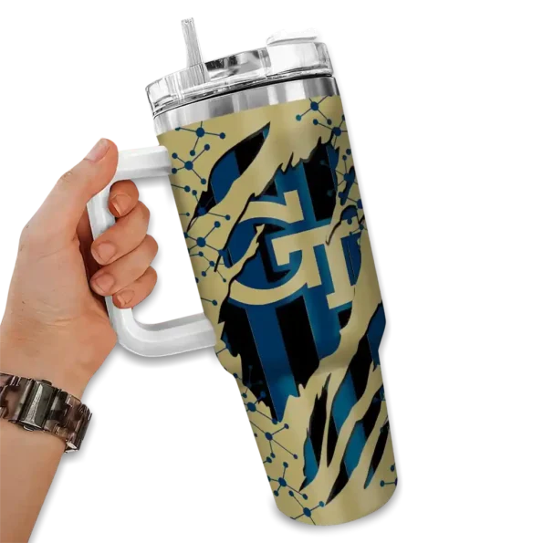 personalized georgia tech yellow jackets claw cut gold black curved tumbler fashion forward.webp