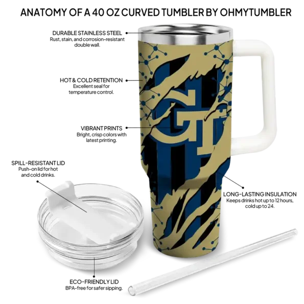 personalized georgia tech yellow jackets claw cut gold black curved tumbler new arrival.webp
