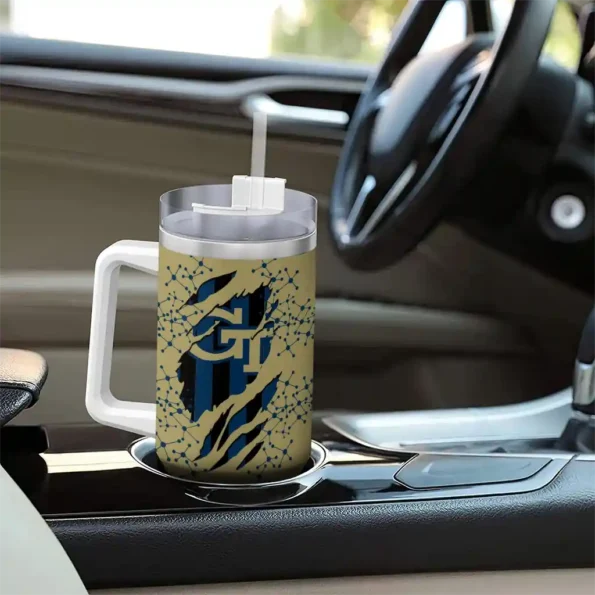 personalized georgia tech yellow jackets claw cut gold black curved tumbler trendy.webp