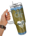 personalized georgia tech yellow jackets heart helmet motif gold curved tumbler best selling.webp
