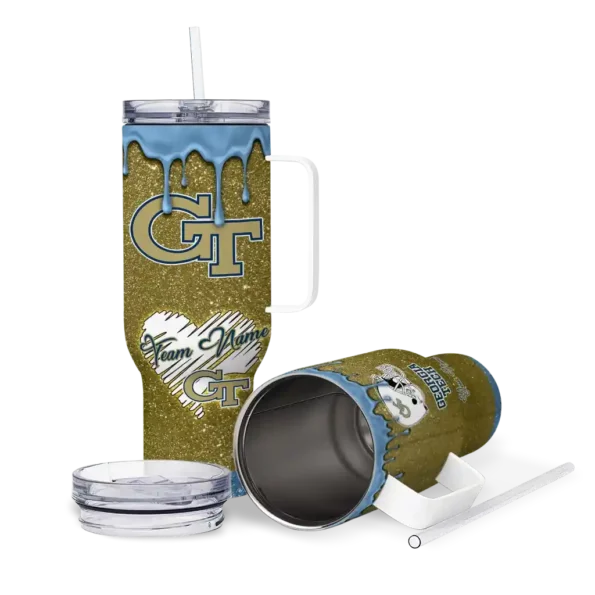 personalized georgia tech yellow jackets heart helmet motif gold curved tumbler high quality.webp