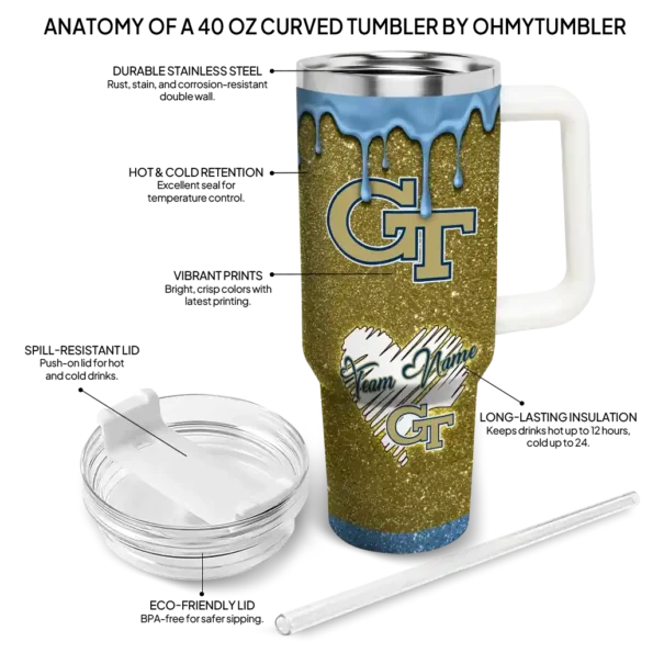 personalized georgia tech yellow jackets heart helmet motif gold curved tumbler new arrival.webp