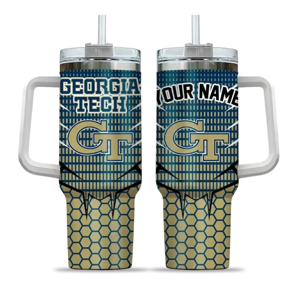 personalized georgia tech yellow jackets hex texture gold curved tumbler best selling.webp