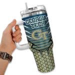 personalized georgia tech yellow jackets hex texture gold curved tumbler best selling.webp