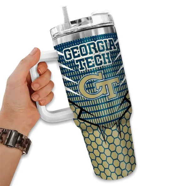 personalized georgia tech yellow jackets hex texture gold curved tumbler fashion forward.webp