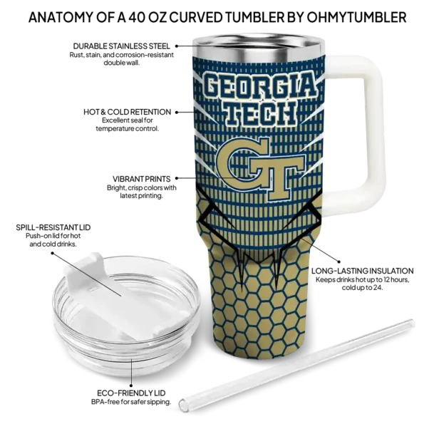 personalized georgia tech yellow jackets hex texture gold curved tumbler new arrival.webp