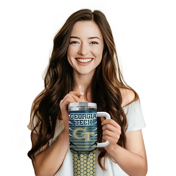 personalized georgia tech yellow jackets hex texture gold curved tumbler premium grade.webp