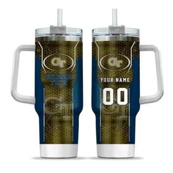 personalized georgia tech yellow jackets hexagon armor gold curved tumbler best selling.webp