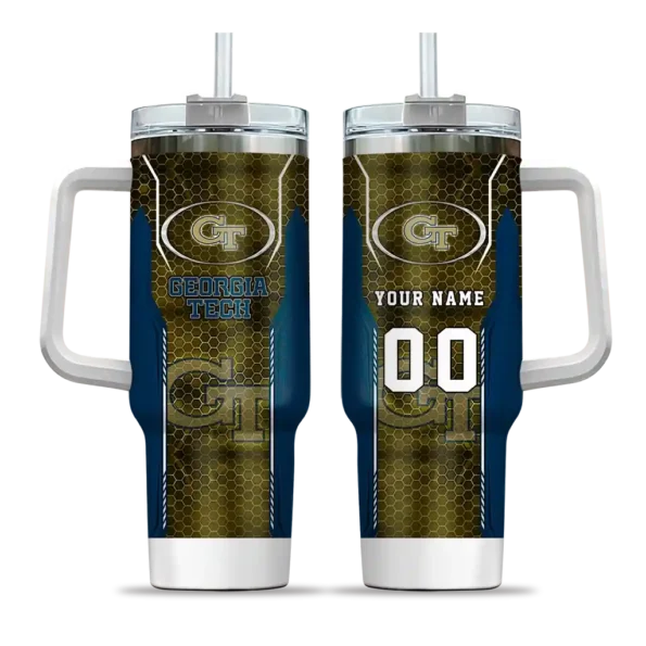 personalized georgia tech yellow jackets hexagon armor gold curved tumbler best selling.webp