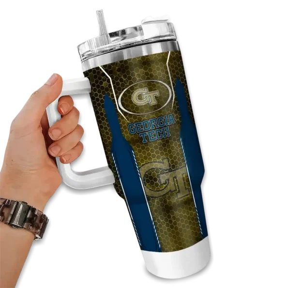 personalized georgia tech yellow jackets hexagon armor gold curved tumbler fashion forward.webp