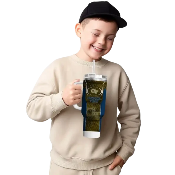 personalized georgia tech yellow jackets hexagon armor gold curved tumbler latest model.webp