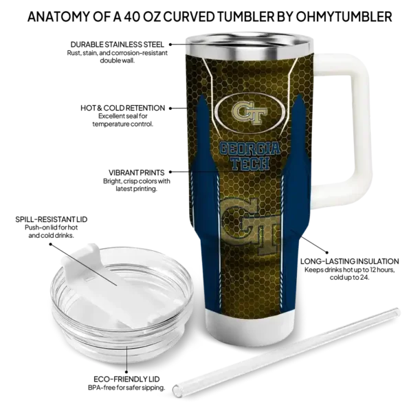 personalized georgia tech yellow jackets hexagon armor gold curved tumbler new arrival.webp