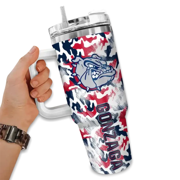 personalized gonzaga bulldogs camo mashup blue white curved tumbler fashion forward.webp