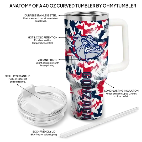 personalized gonzaga bulldogs camo mashup blue white curved tumbler new arrival.webp