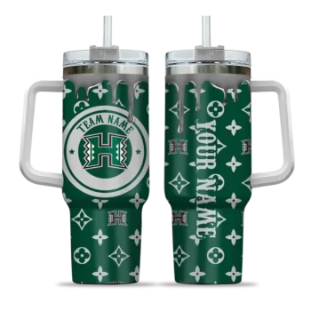 personalized hawaii rainbow warriors bullseye drips green curved tumbler best selling.webp