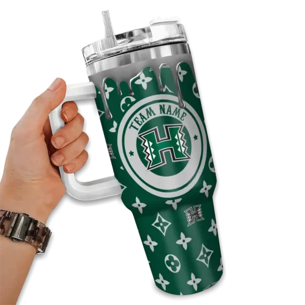 personalized hawaii rainbow warriors bullseye drips green curved tumbler fashion forward.webp