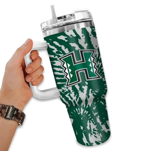 personalized hawaii rainbow warriors burst swirl green curved tumbler fashion forward.webp