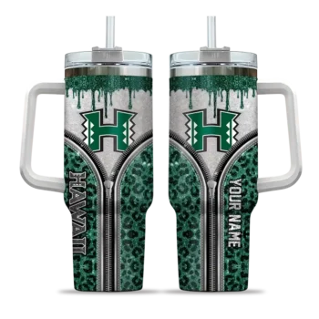 personalized hawaii rainbow warriors leopard zipper green curved tumbler best selling.webp