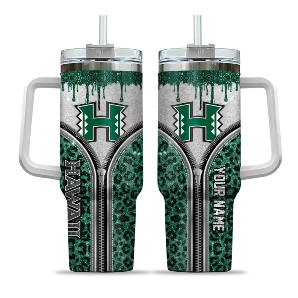 personalized hawaii rainbow warriors leopard zipper green curved tumbler best selling.webp