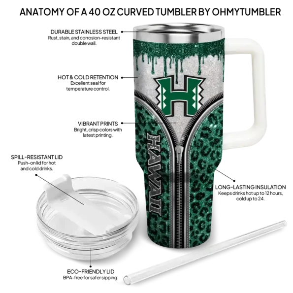 personalized hawaii rainbow warriors leopard zipper green curved tumbler new arrival.webp