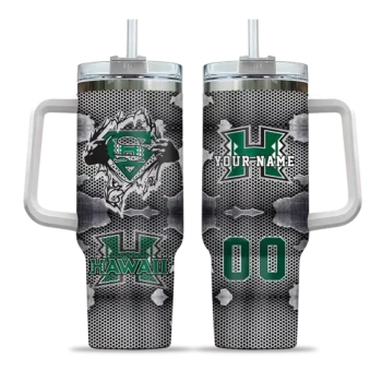 personalized hawaii rainbow warriors superman shield green gray curved tumbler best selling.webp