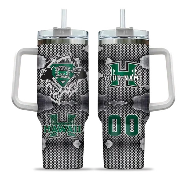 personalized hawaii rainbow warriors superman shield green gray curved tumbler best selling.webp