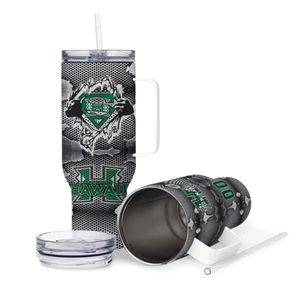 personalized hawaii rainbow warriors superman shield green gray curved tumbler high quality.webp