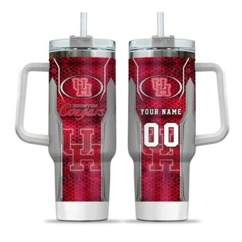 personalized houston cougars hexagon armor red curved tumbler best selling.webp