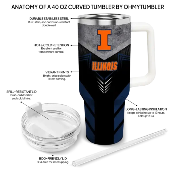 personalized illinois fighting illini arrow armor blue black curved tumbler new arrival.webp