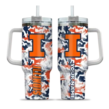 personalized illinois fighting illini camo mashup blue white curved tumbler best selling.webp
